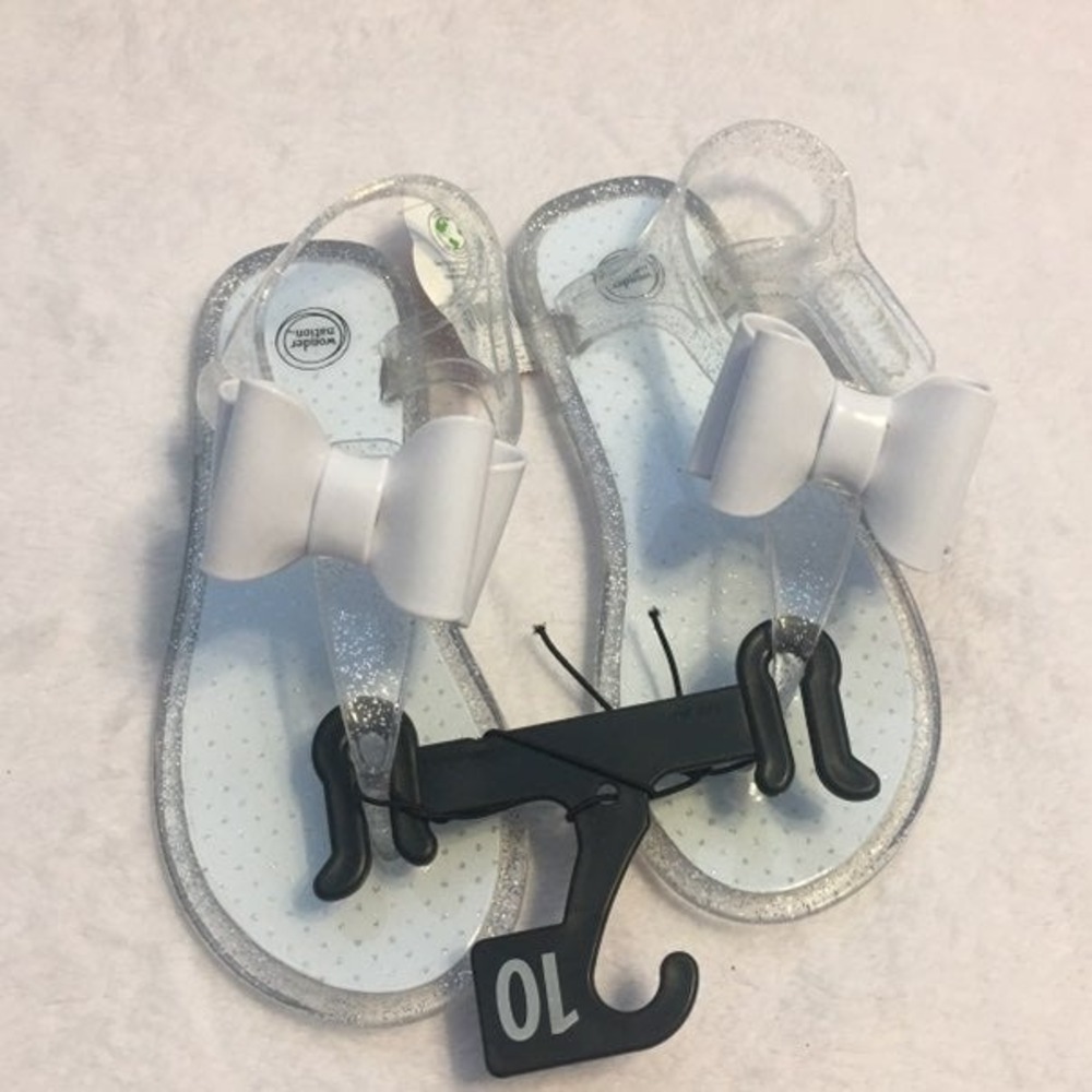 Wonder Nation Jelly Sandals Girls 10 Clear New Glitter White Bow T-Strap Flat